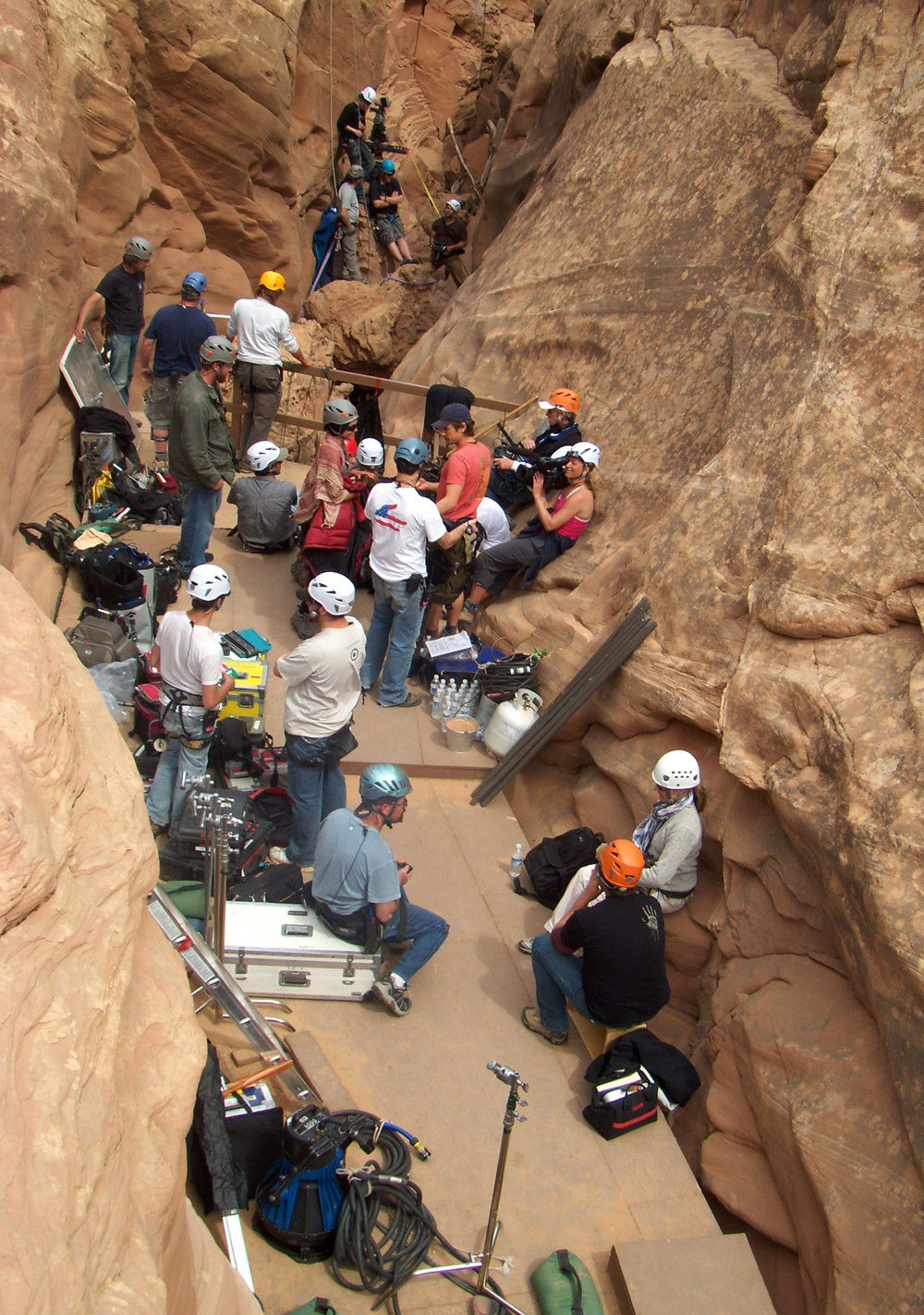Crew on platform inside Bluejohn Canyon